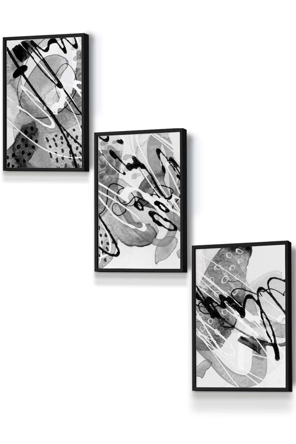 Set of 3 Black Framed Abstract Watercolour in Black and Grey Wall Art
